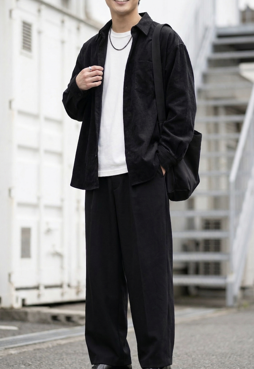 正解例3：黒シャツ＋白T＋黒スラックス